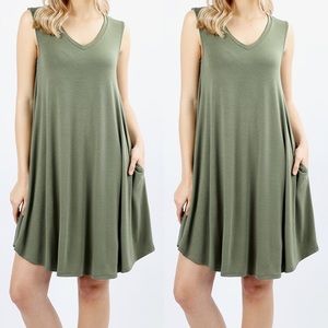 Sleeveless a-line dress in olive green
